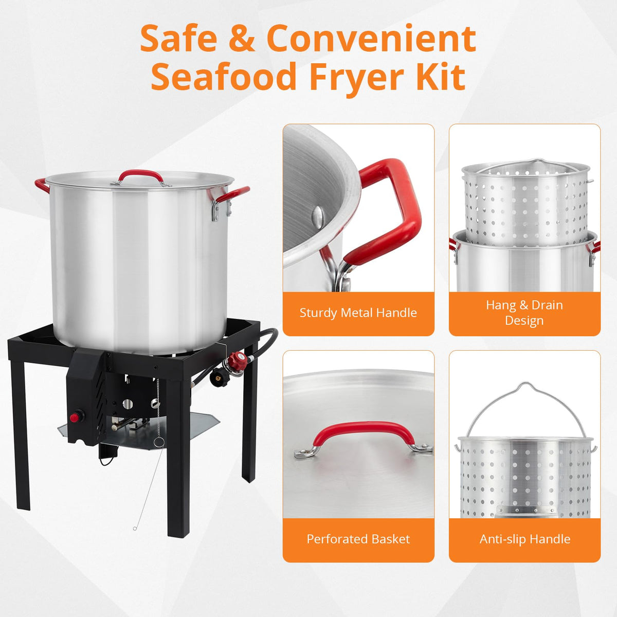 60QT Aluminum Seafood Boil Pot with Strainer Basket and Propane Burner L7224