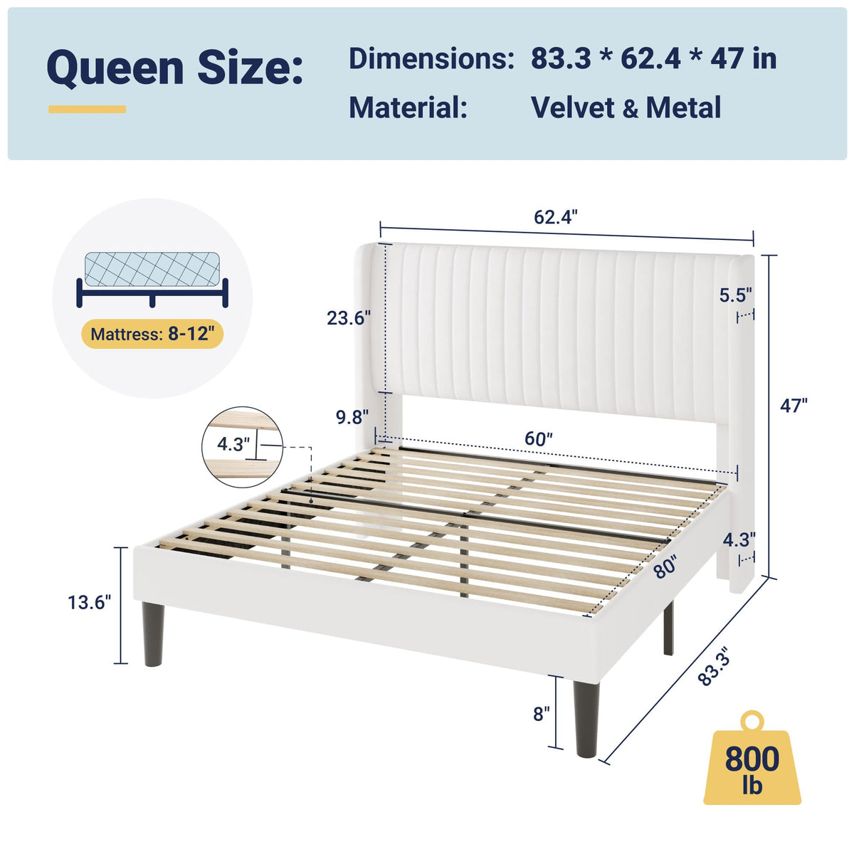 Queen Size White Velvet Upholstered Platform Bed T9242