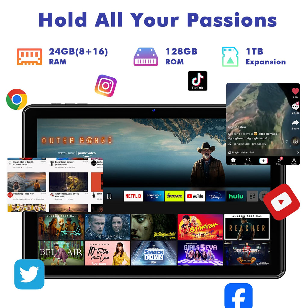 10.1 Inch Android 15 Tablet, 24GB RAM 128GB ROM, 1280 x 800 HD Display, 6000mAh Battery, 5MP+8MP Camera (Black) D18387