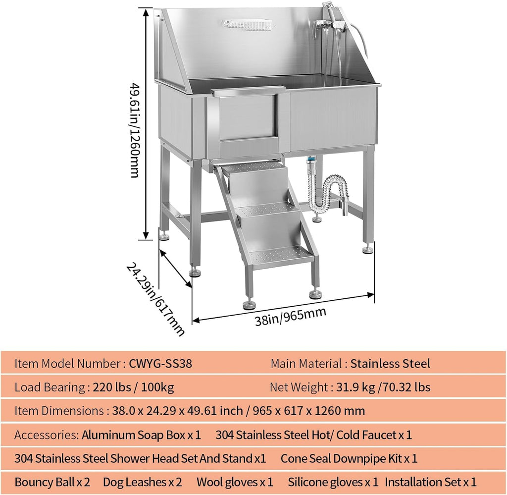 38" Stainless Steel Dog Grooming Tub with Stairs Y98099