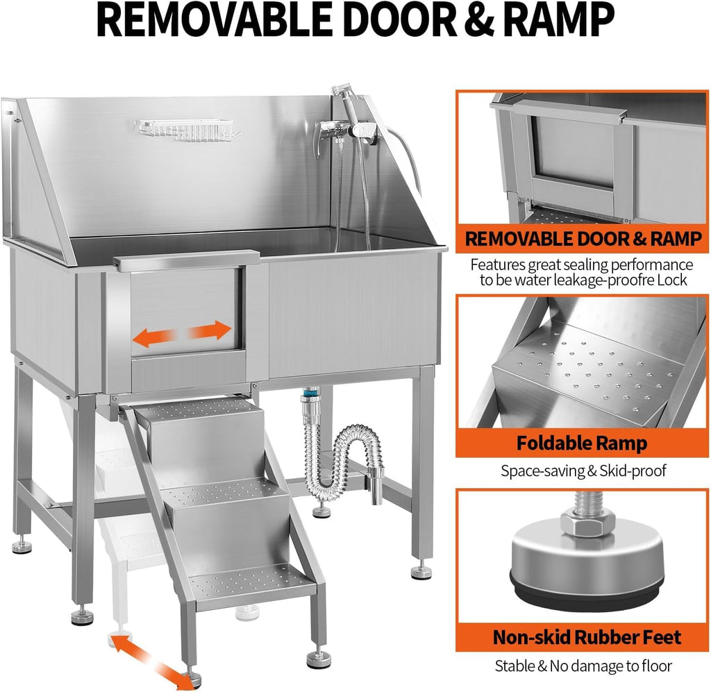 38" Stainless Steel Dog Grooming Tub with Stairs Y98099