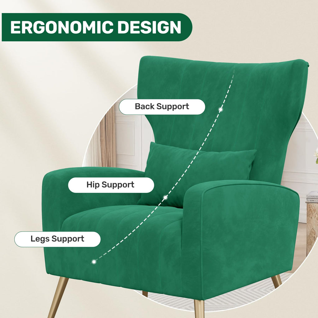 Velvet Accent Chairs Set of 2 High Back Armchair with Lumbar Pillow Green I52295