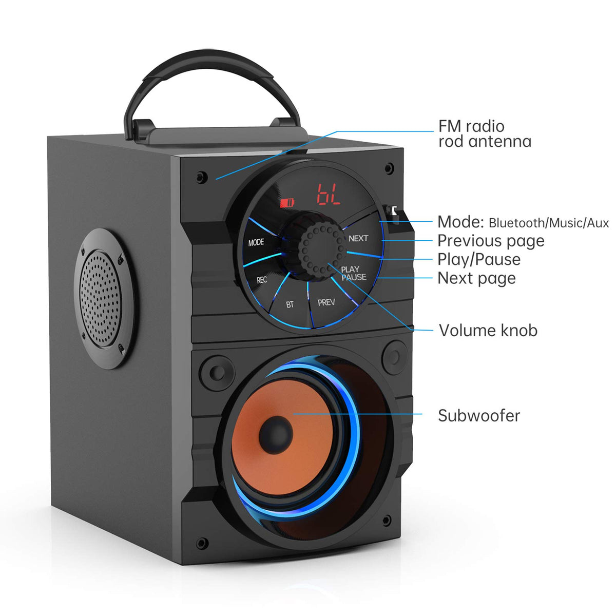 Portable Big Bluetooth Speakers with Light, Wireless with Subwoofer, FM Radio, LED Lights, EQ, Booming Bass, Bluetooth 4.2 Stereo Loud Outdoor/Indoor Retro, for Home, Camping, Travel, Black B7614