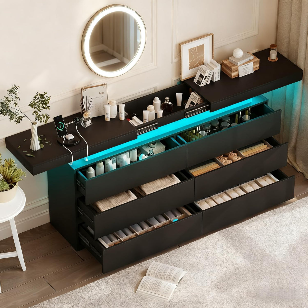 Black 6 Drawer Dresser with Sliding Desktop Q9812