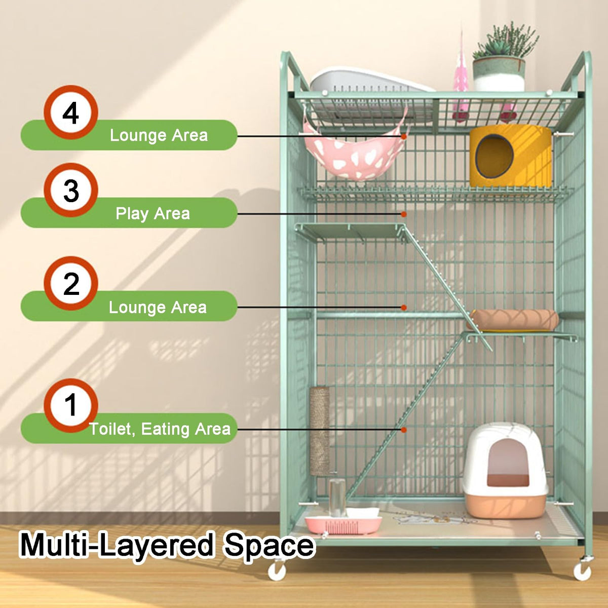 4-Tier Metal Wire Cat Cage with Wheels O900557