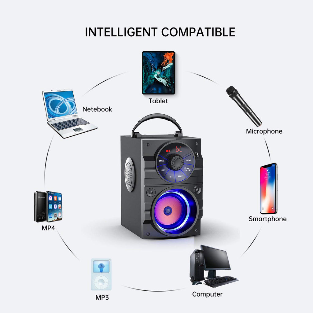 Portable Big Bluetooth Speakers with Light, Wireless with Subwoofer, FM Radio, LED Lights, EQ, Booming Bass, Bluetooth 4.2 Stereo Loud Outdoor/Indoor Retro, for Home, Camping, Travel, Black B7614