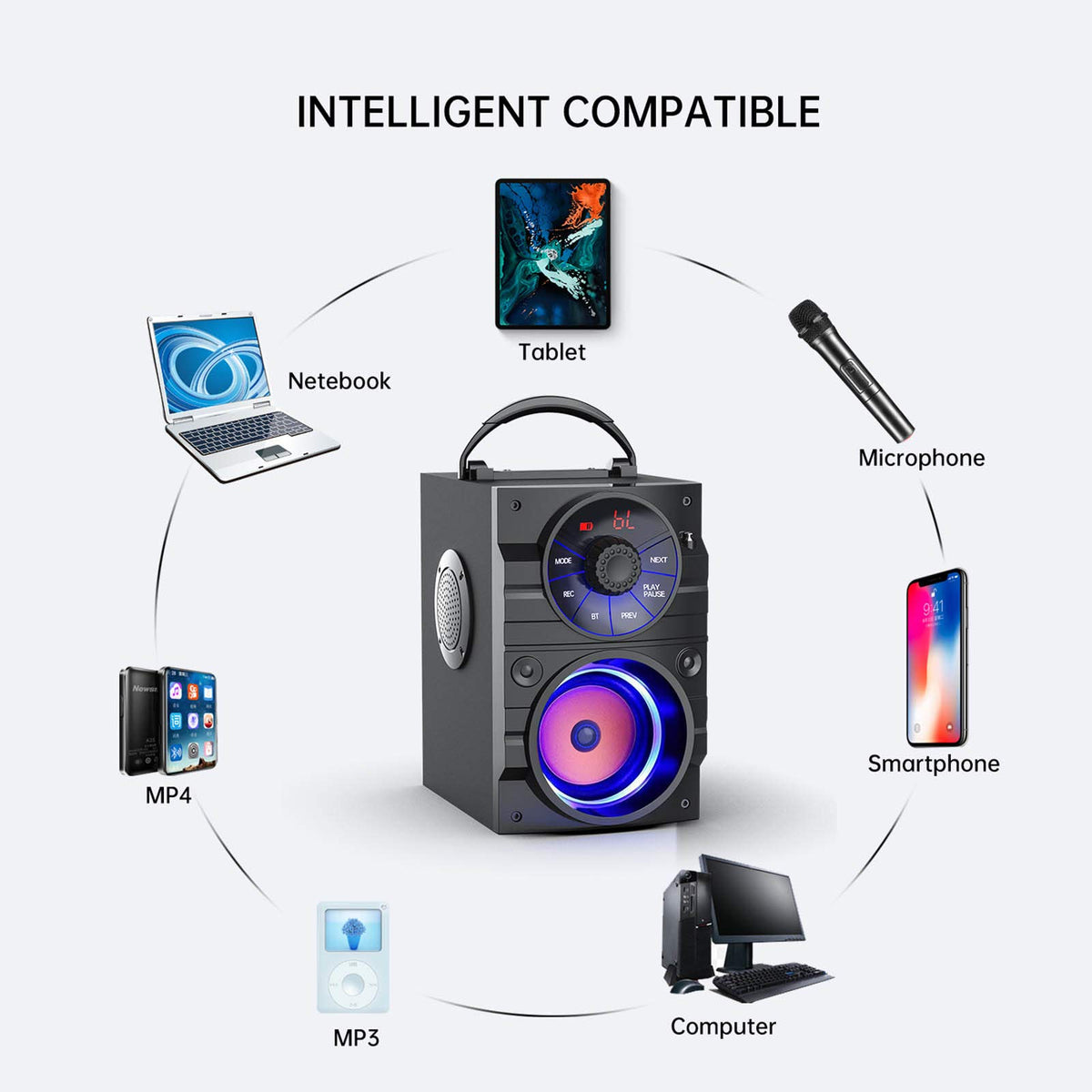 Portable Big Bluetooth Speakers with Light, Wireless with Subwoofer, FM Radio, LED Lights, EQ, Booming Bass, Bluetooth 4.2 Stereo Loud Outdoor/Indoor Retro, for Home, Camping, Travel, Black B7614