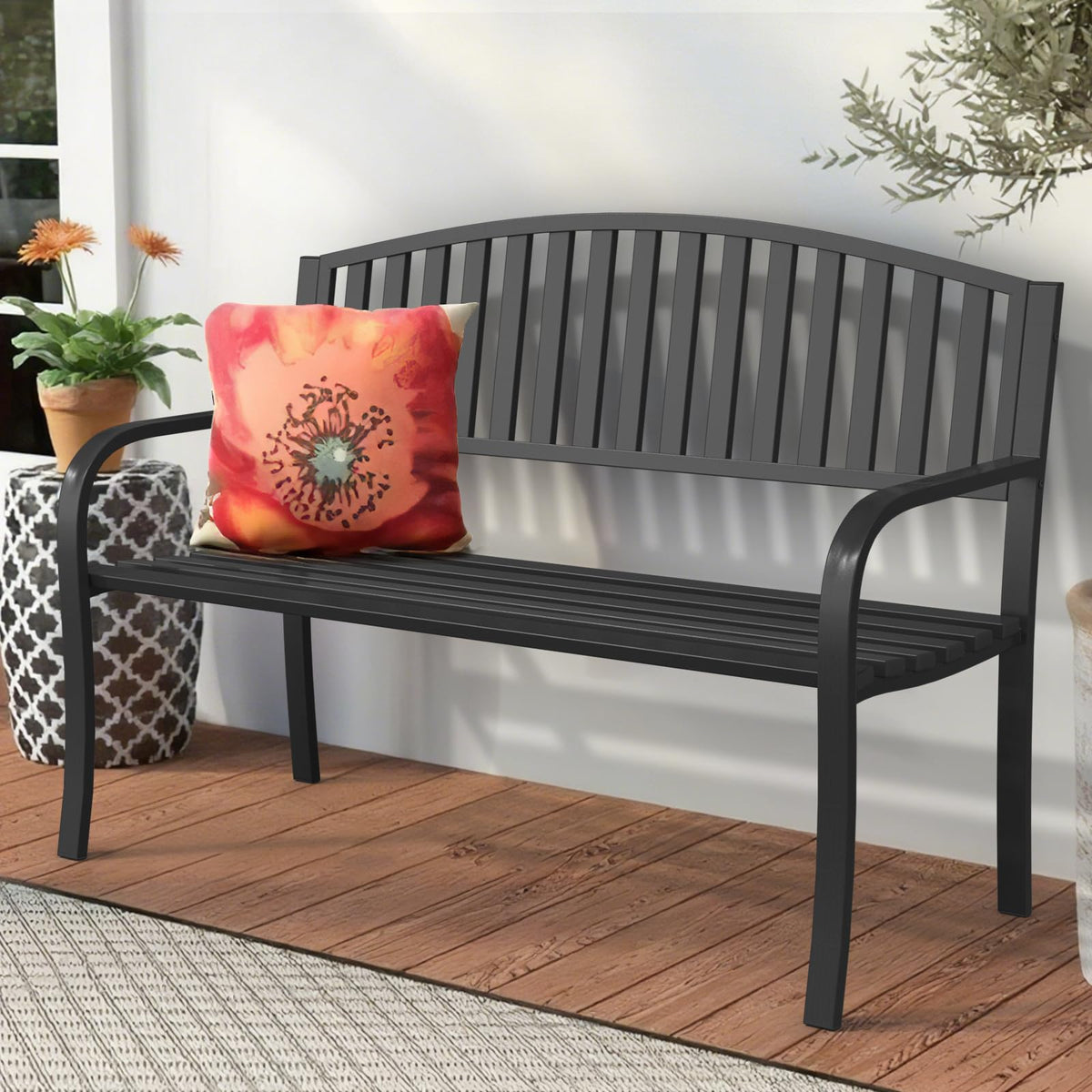 50" Iron Metal Outdoor Bench with Backrest and Armrests X62996