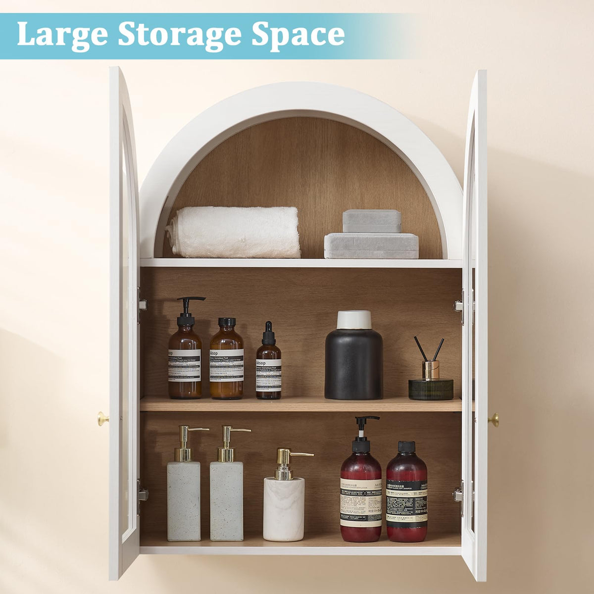 White Arched Wall Mount Bathroom Cabinet with Glass Doors P75258