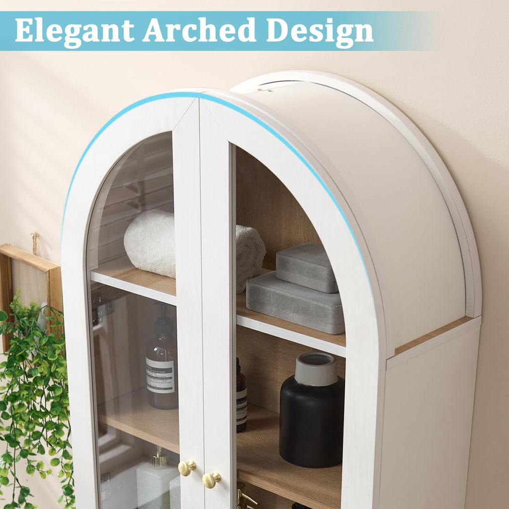 White Arched Wall Mount Bathroom Cabinet with Glass Doors P75258