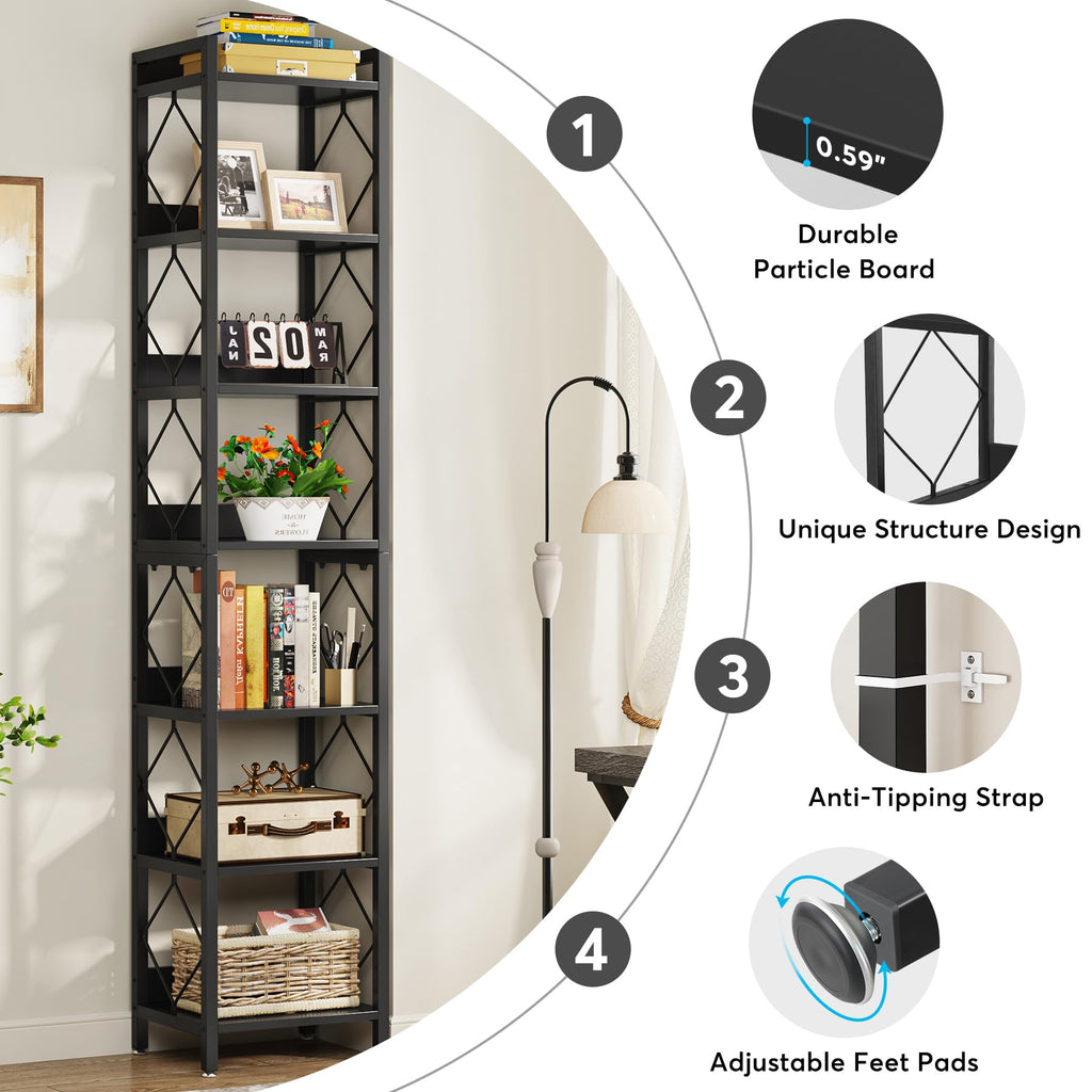 78.7 Inch Tall Skinny Narrow Black Bookshelf Bookcase G357