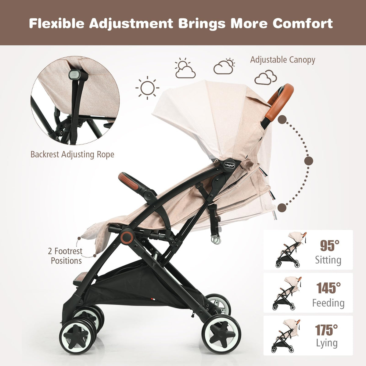 Lightweight Compact Baby Stroller with 5-Point Harness and Storage Basket, Beige G68053