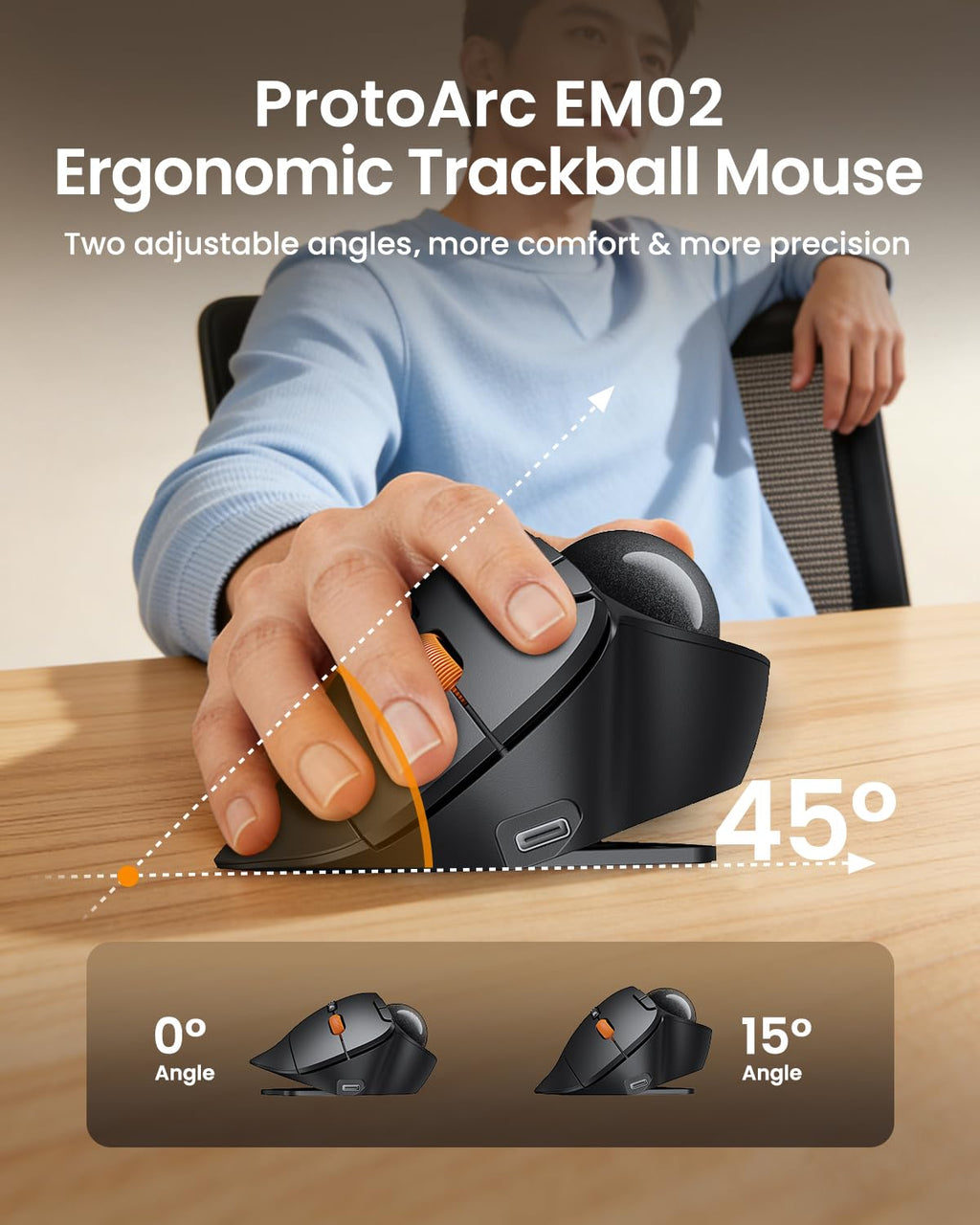 Wireless Trackball Mouse, Adjustable Angle, Gray R684