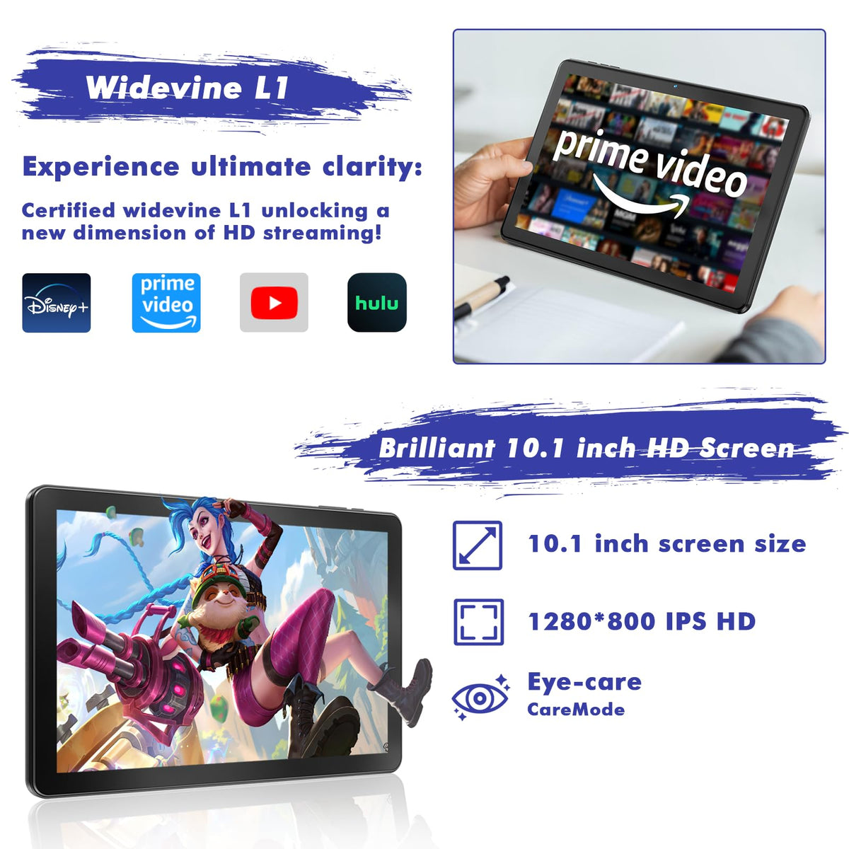 10.1 Inch Android 15 Tablet, 24GB RAM 128GB ROM, 1280 x 800 HD Display, 6000mAh Battery, 5MP+8MP Camera (Black) D18387