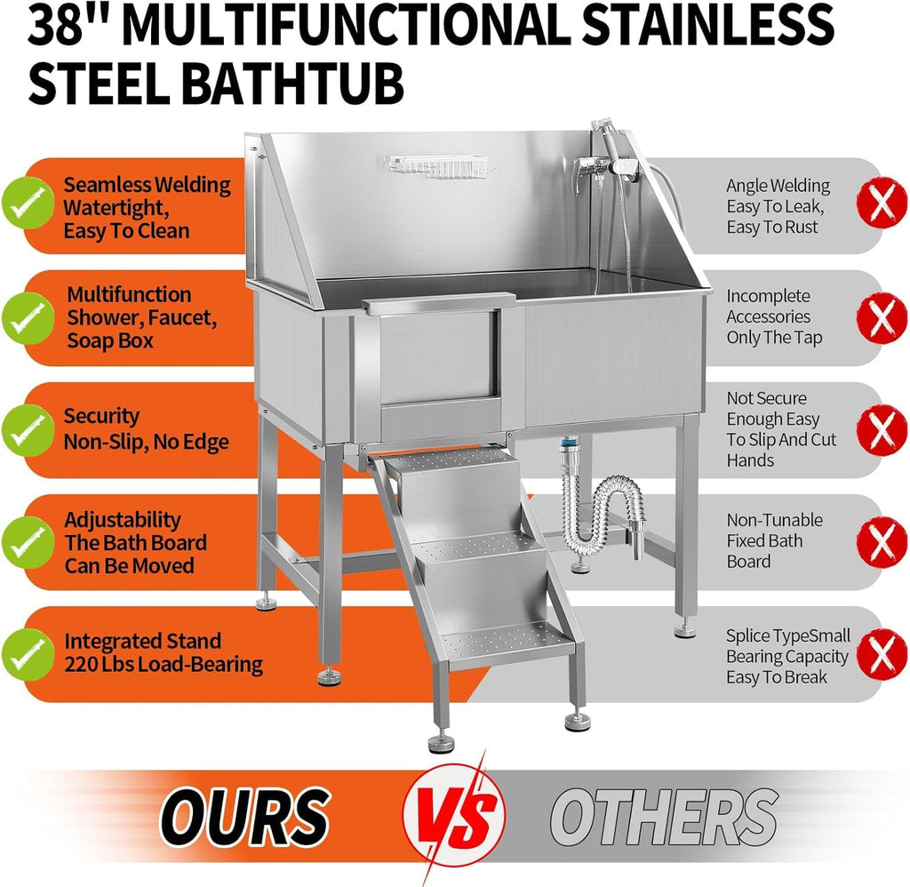 38" Stainless Steel Dog Grooming Tub with Stairs Y98099