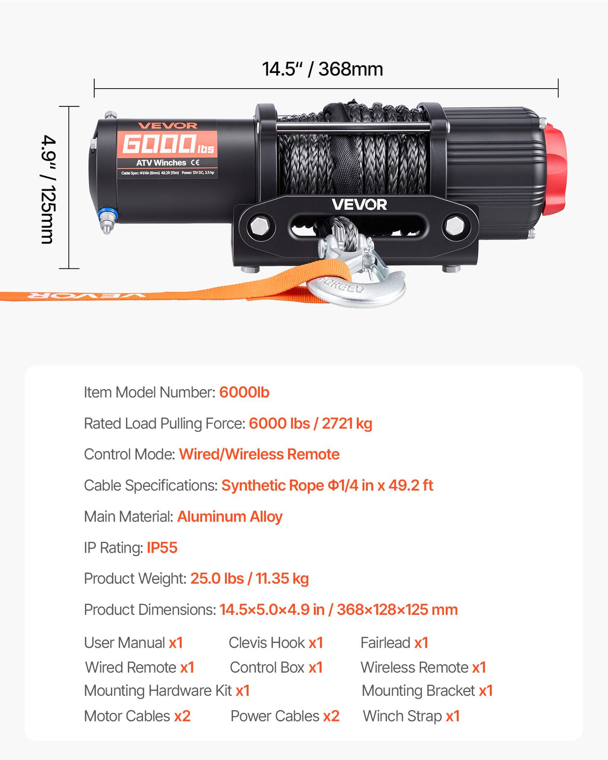 6000 lbs 12V Electric Winch with Synthetic Rope I486
