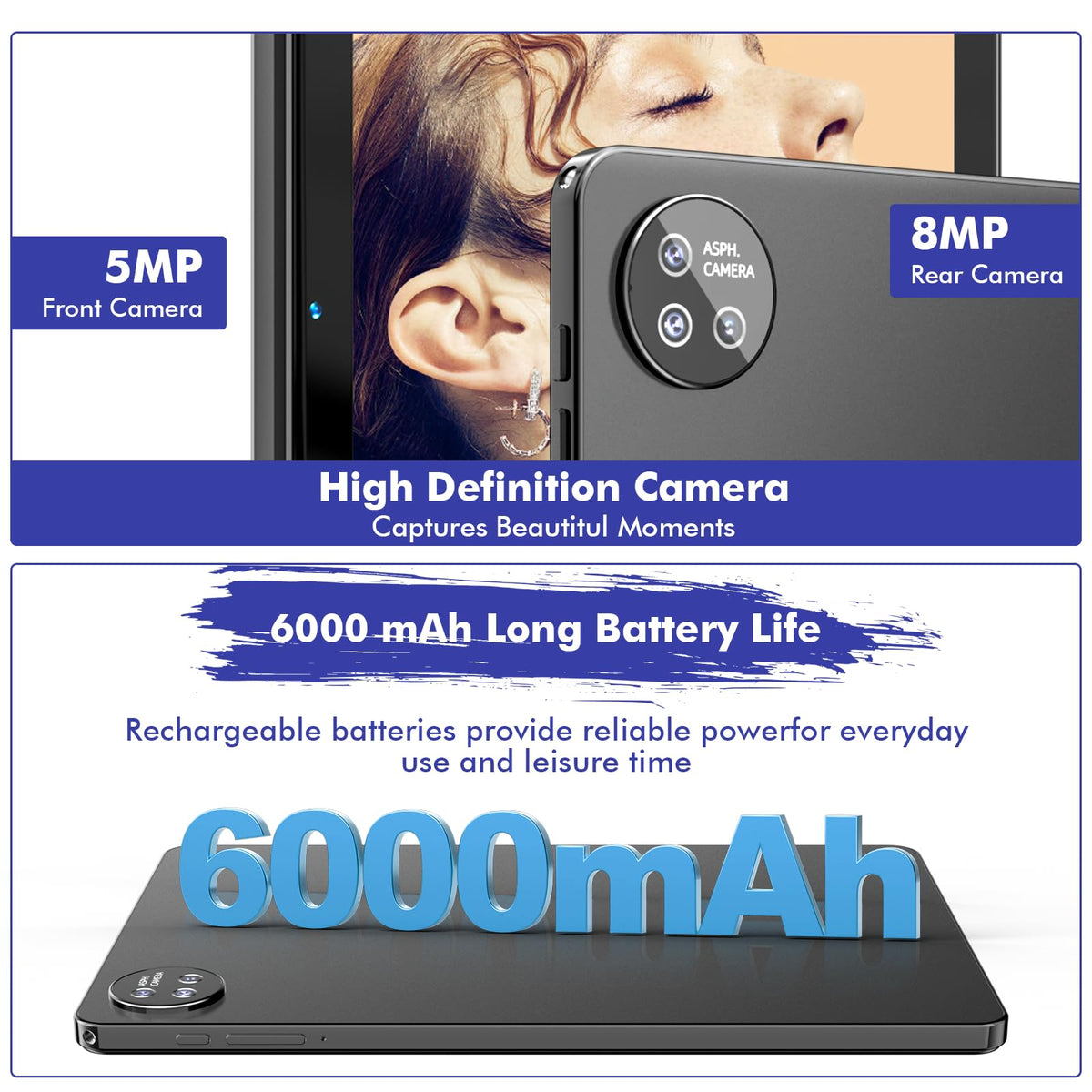 10.1 Inch Android 15 Tablet, 24GB RAM 128GB ROM, 1280 x 800 HD Display, 6000mAh Battery, 5MP+8MP Camera (Black) D18387
