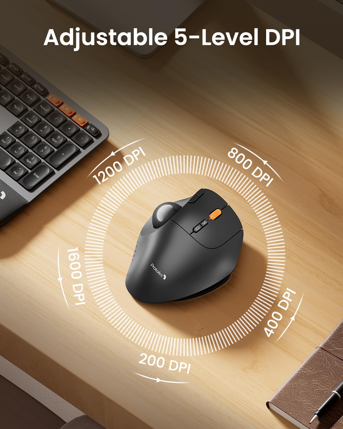 Wireless Trackball Mouse, Adjustable Angle, Gray R684