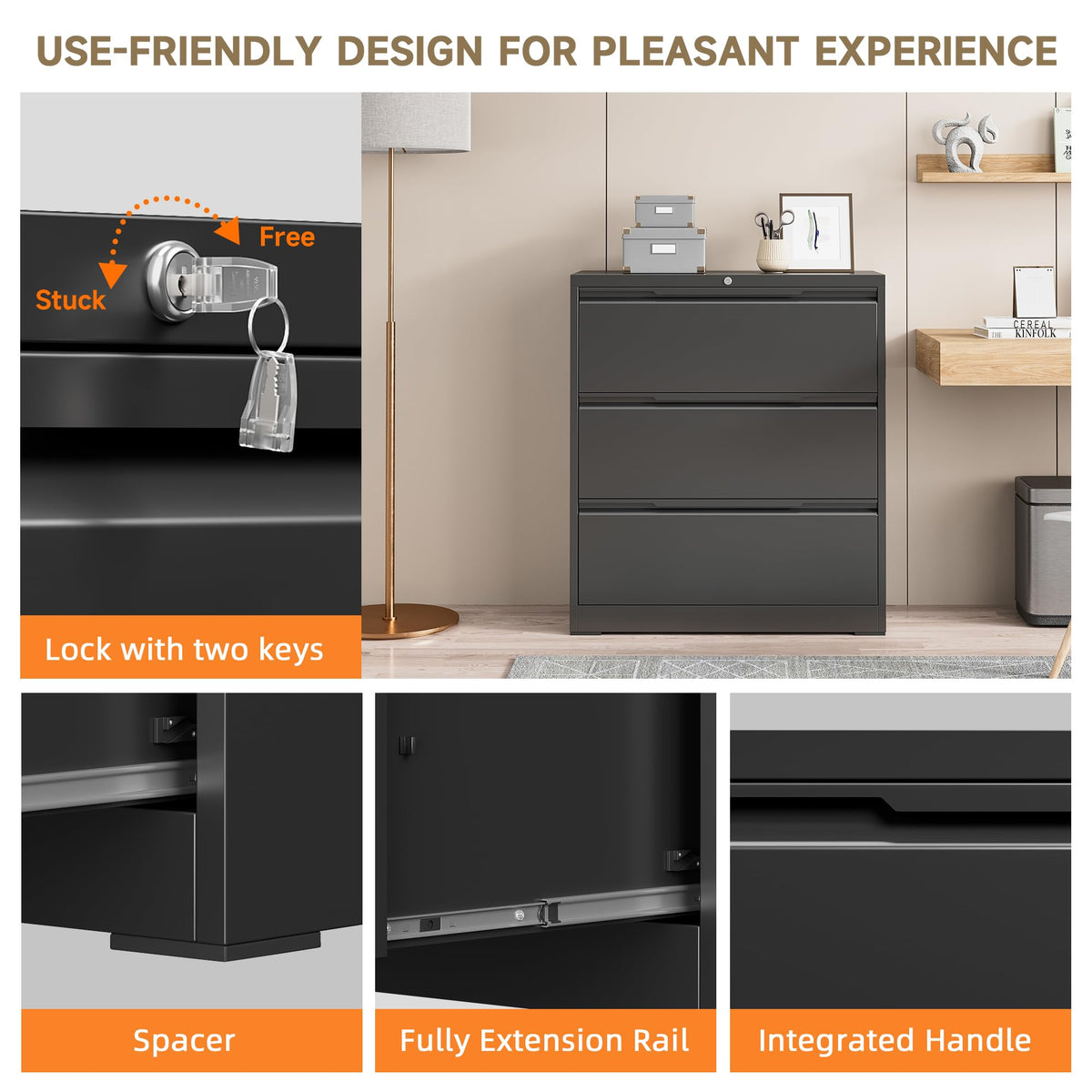 Black 3 Drawer Lockable Metal Lateral File Cabinet W239217