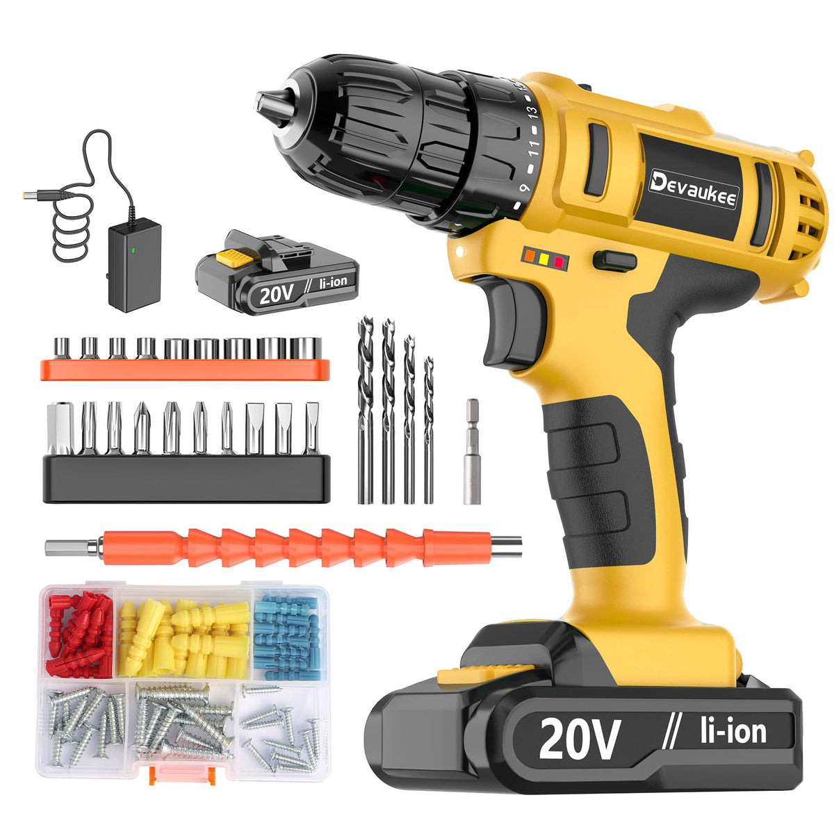 Cordless Drill Driver Kit, 20V Electric Drill with Battery and Charger, 18+3 Torque Setting, 2 Speeds, 3/8" Keyless Chuck Compact Power Drill Set with Drill Bits N38350