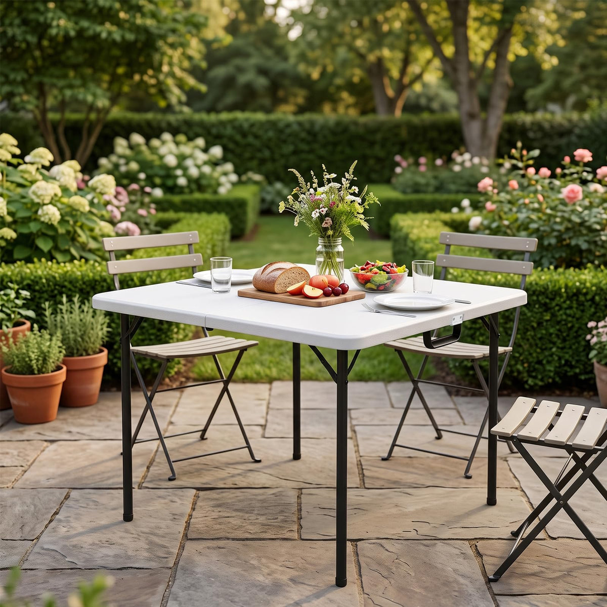 36" Square White Plastic Folding Card Table with Carrying Handle K875
