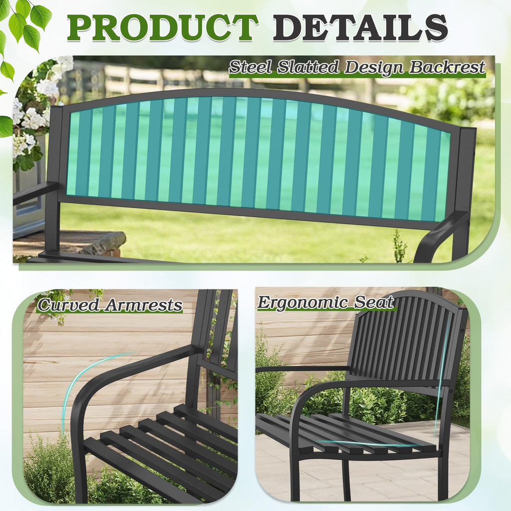 50" Iron Metal Outdoor Bench with Backrest and Armrests X62996