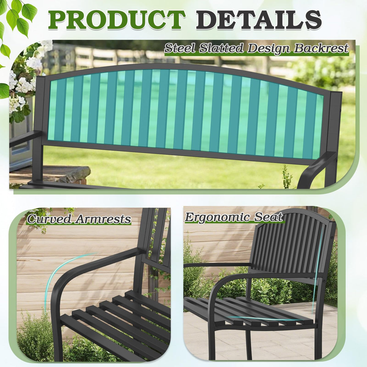 50" Iron Metal Outdoor Bench with Backrest and Armrests X62996