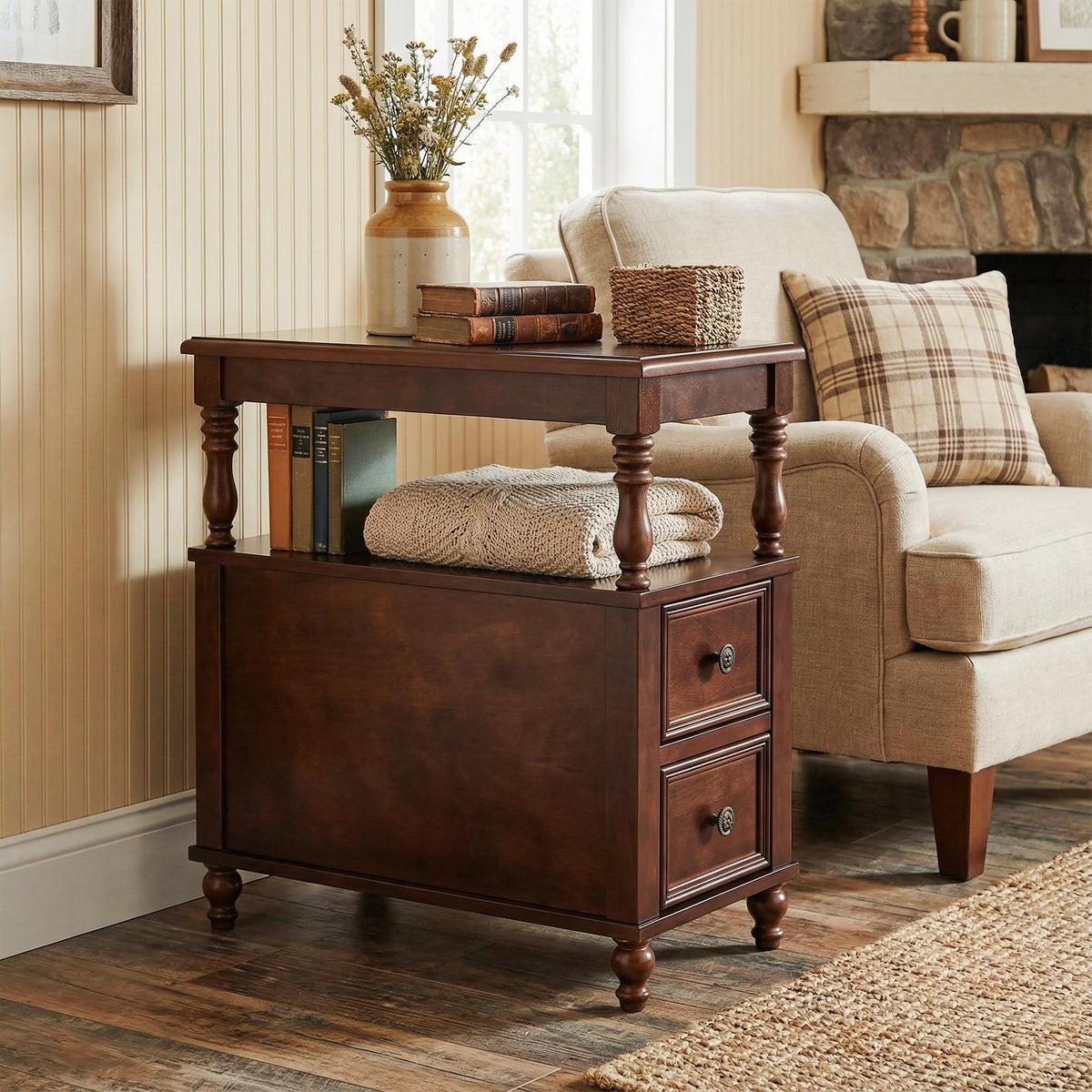 Cherry Finish Wood End Table with 2 Drawers Q269058