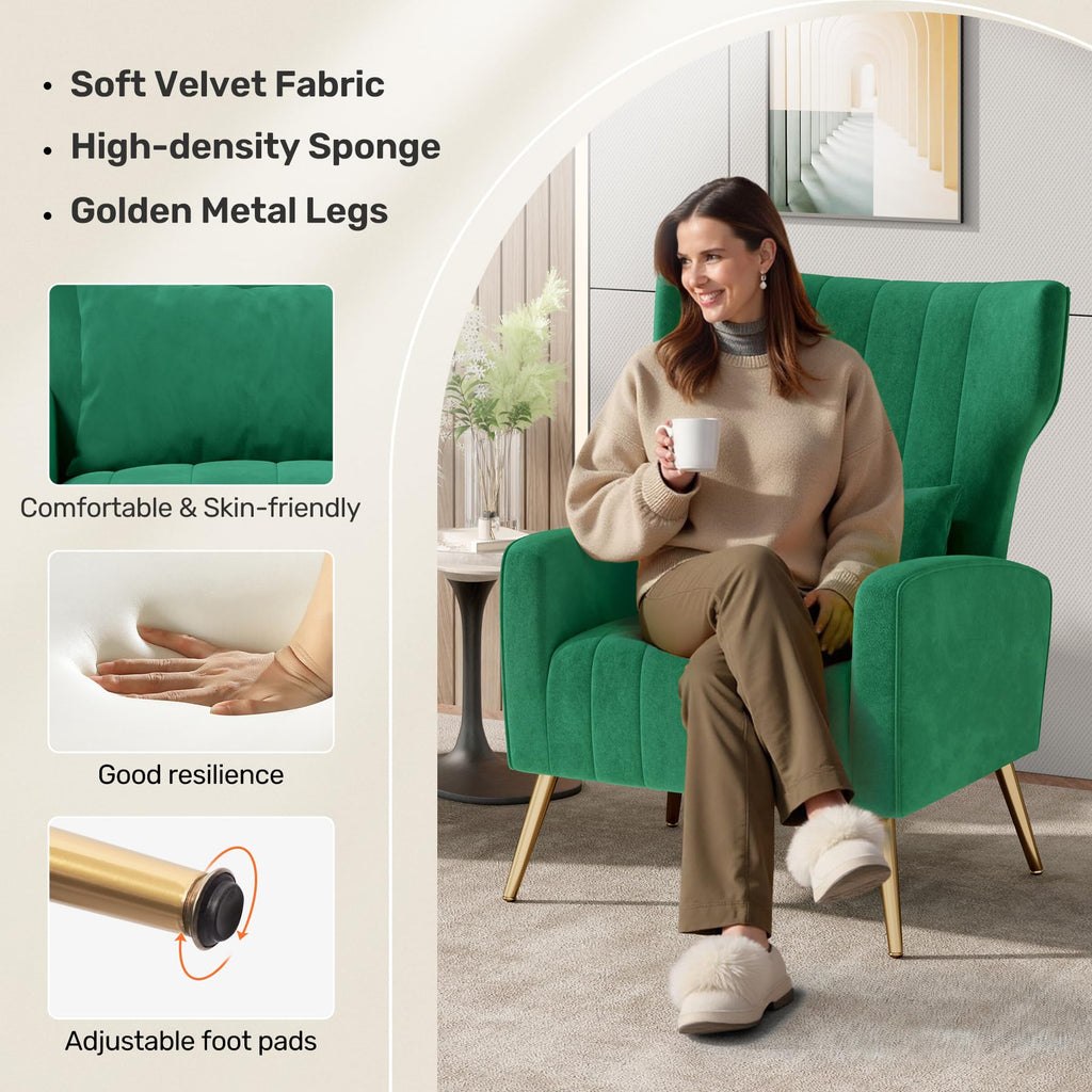 Velvet Accent Chairs Set of 2 High Back Armchair with Lumbar Pillow Green I52295