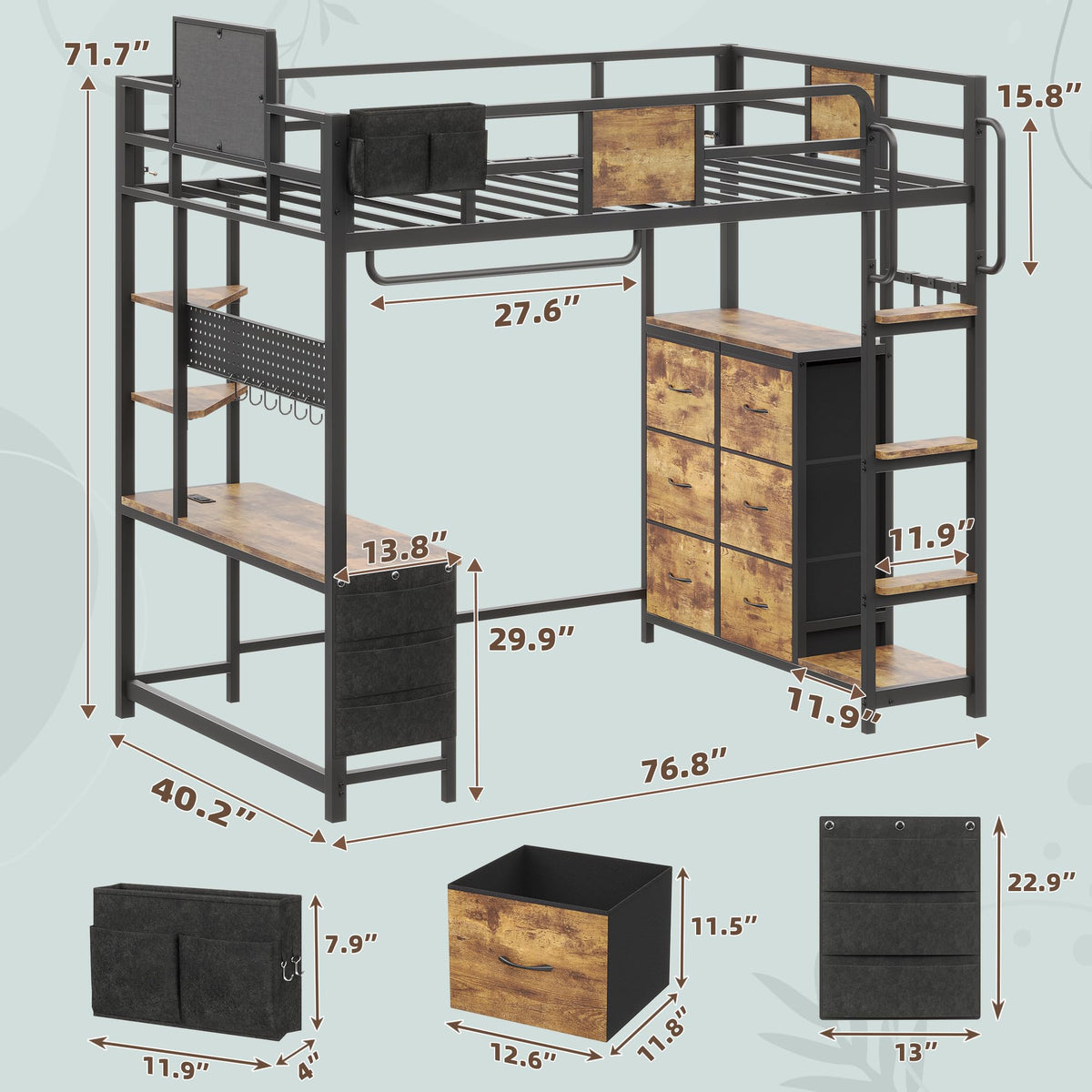 Twin Loft Bed with Desk and 6 Storage Drawers O417576