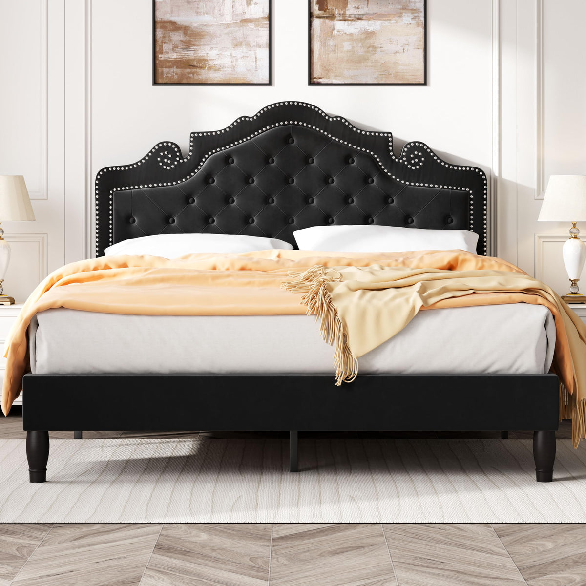 Queen Size Velvet Upholstered Bed Frame with Adjustable Headboard B126