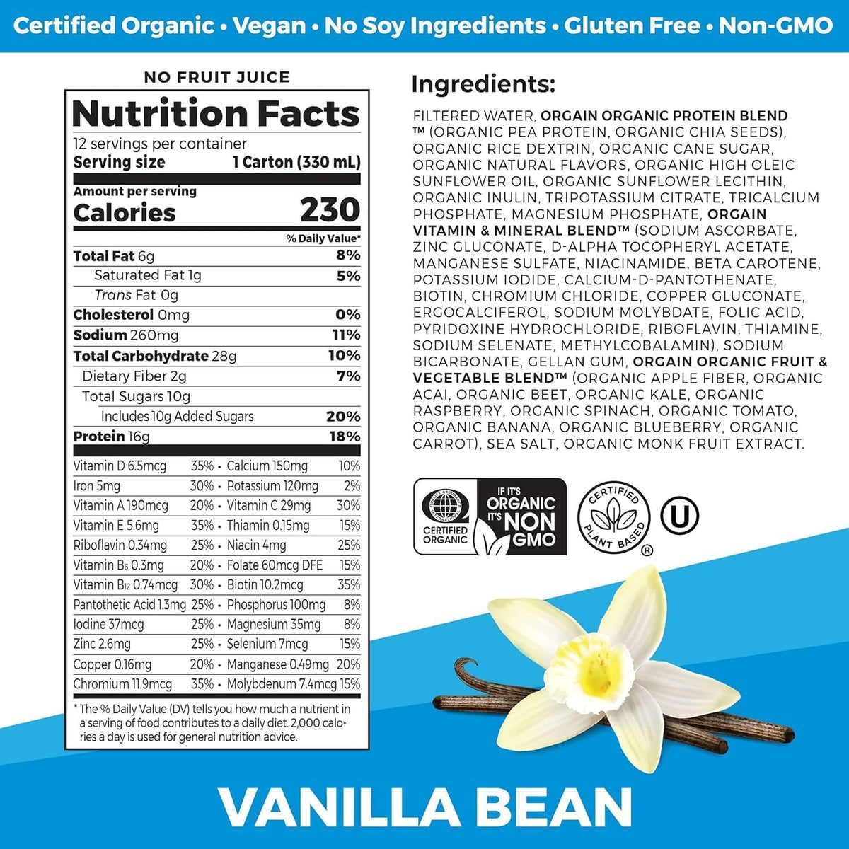 Organic Vegan Protein Shake Smooth Chocolate & Vanilla Bean 16g 11 Fl Oz E72572