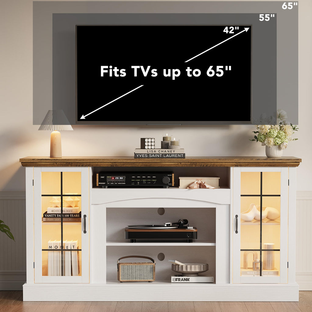 58" White TV Stand with Glass Door Storage Cabinet A955