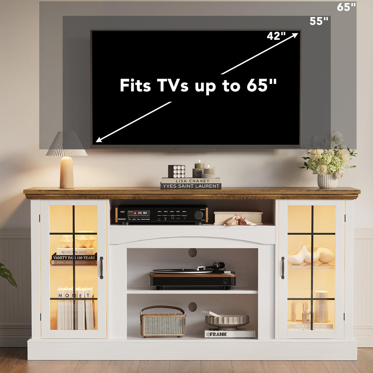 58" White TV Stand with Glass Door Storage Cabinet A955