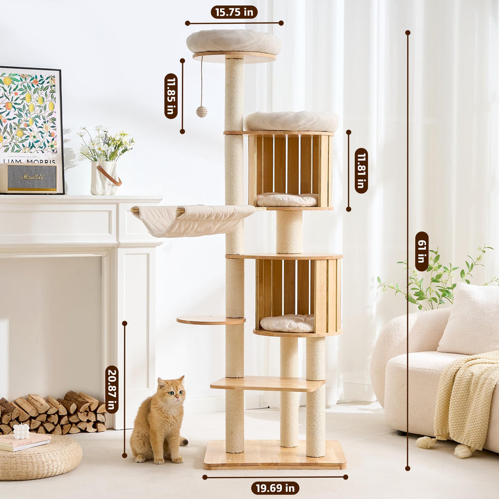 Solid Wood 70 Inches Tall Cat Tree Tower with Scratching Post M43849