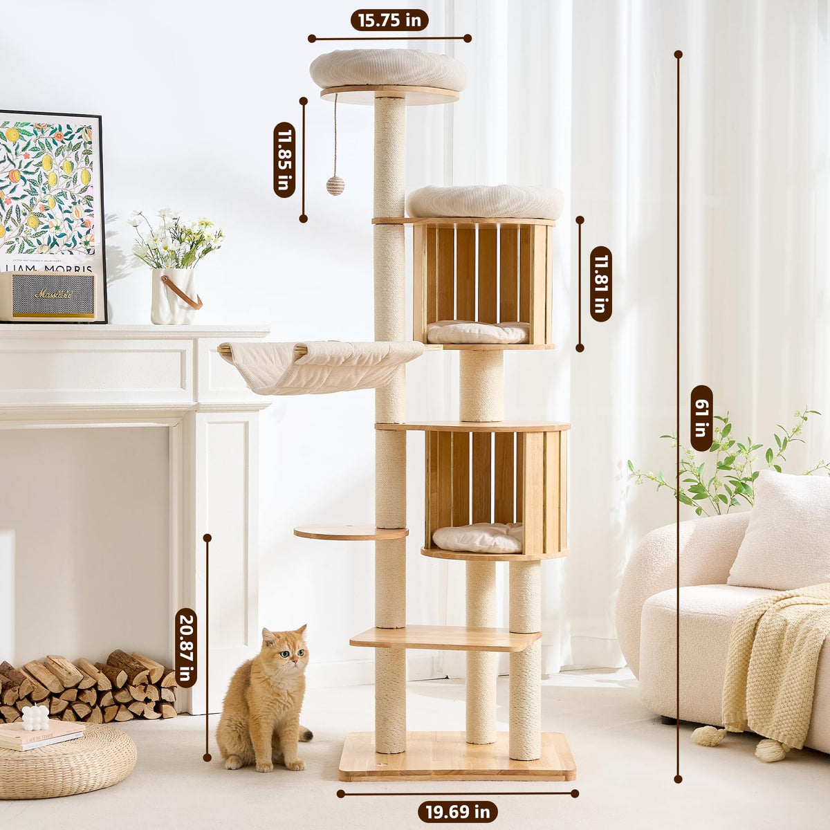 Solid Wood 70 Inches Tall Cat Tree Tower with Scratching Post M43849