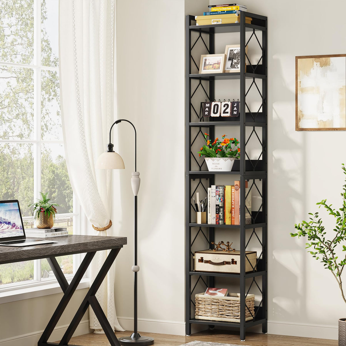 78.7 Inch Tall Skinny Narrow Black Bookshelf Bookcase G357