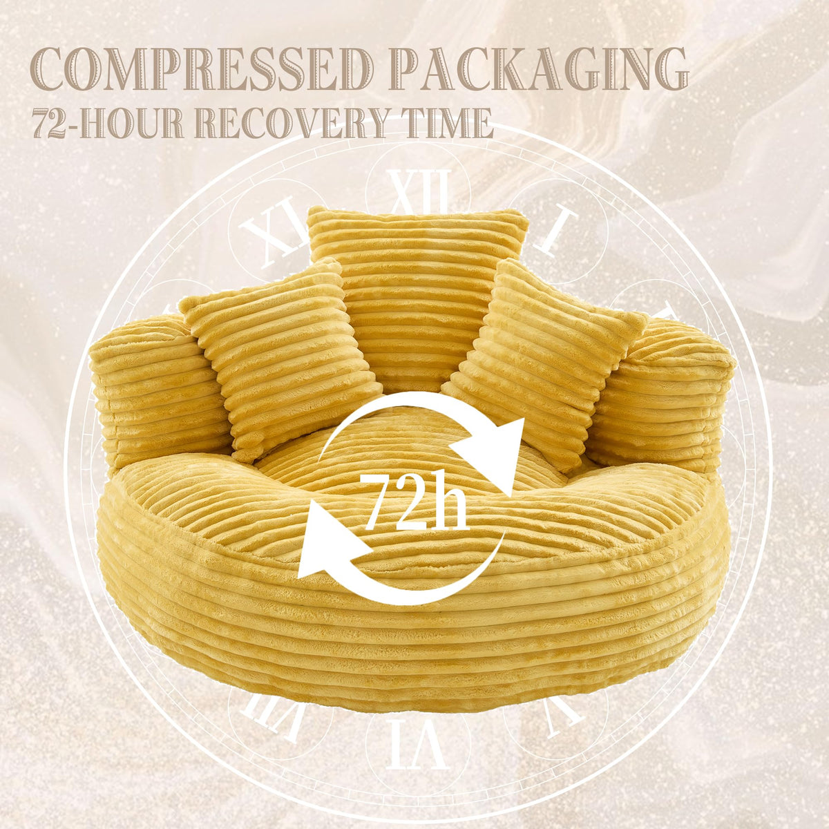 Yellow Corduroy Bean Bag Sofa with 3 Pillows C717786