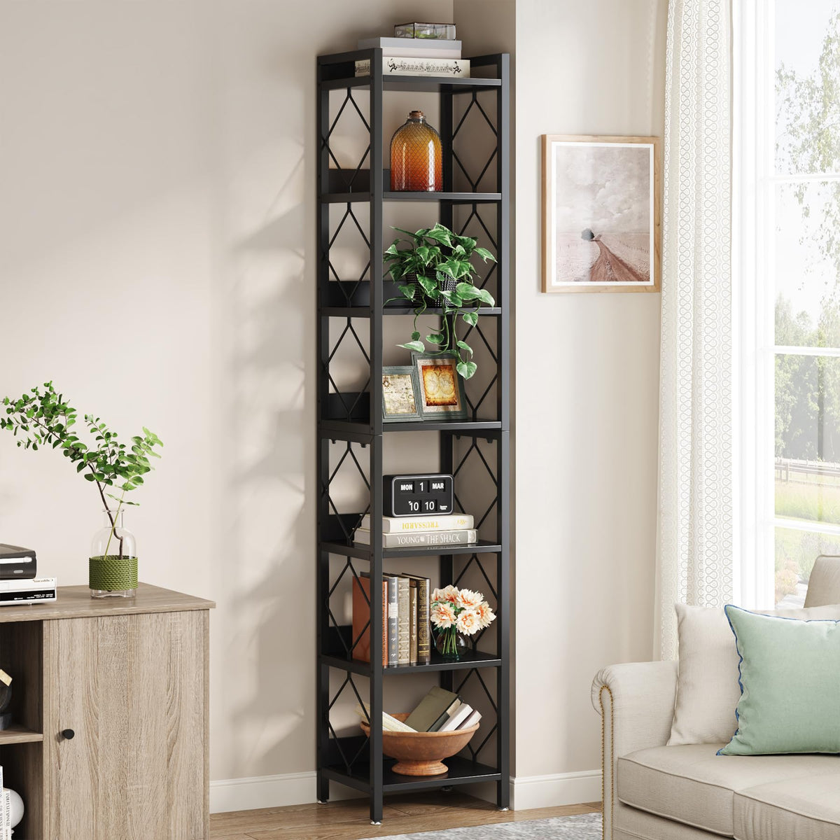 78.7 Inch Tall Skinny Narrow Black Bookshelf Bookcase G357
