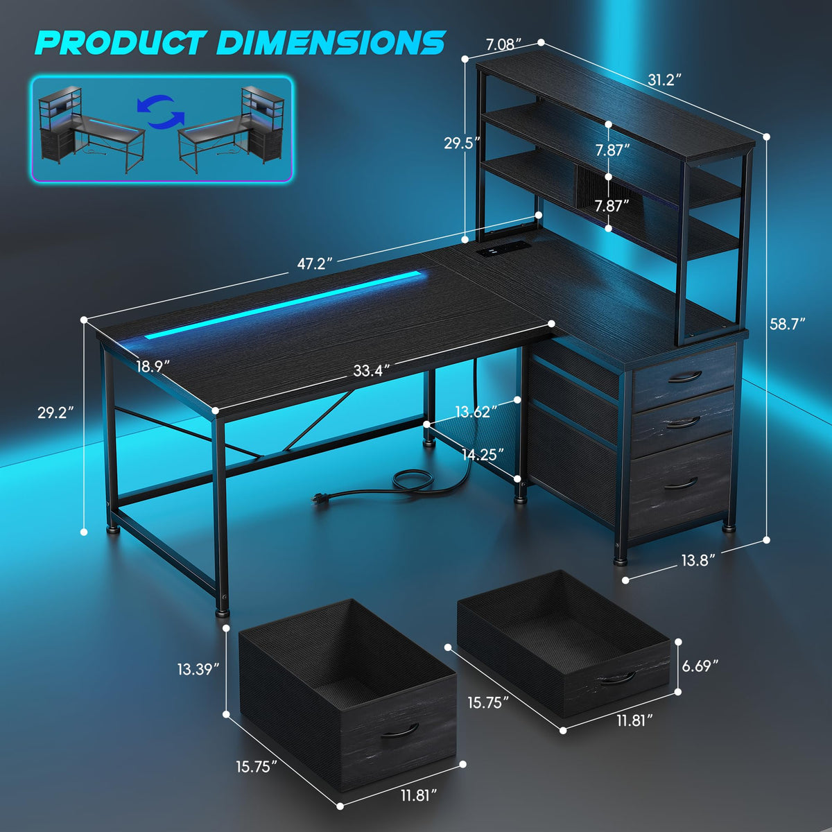 55" L Shaped Gaming Desk with 3 Fabric Drawers & Shelves L8808