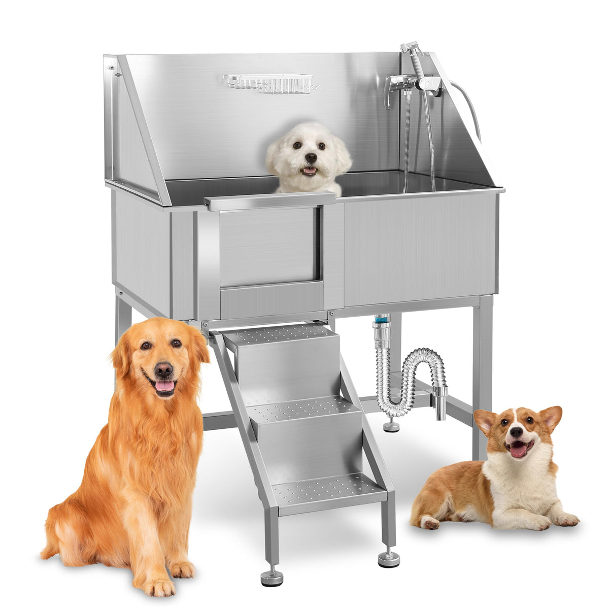 38" Stainless Steel Dog Grooming Tub with Stairs Y98099