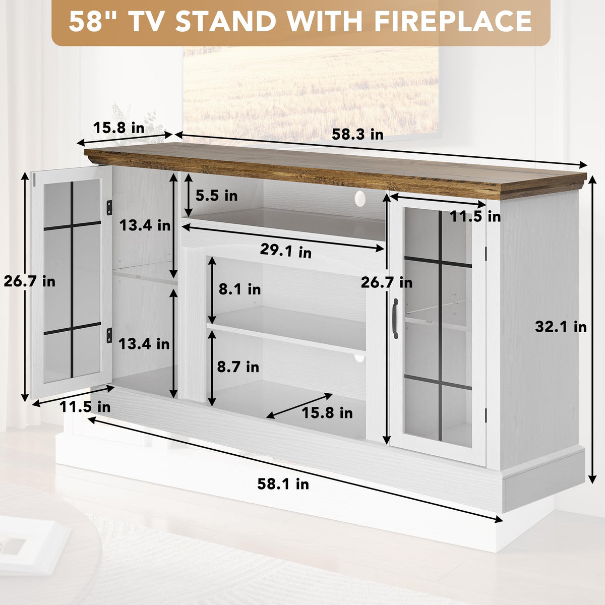 58" White TV Stand with Glass Door Storage Cabinet A955