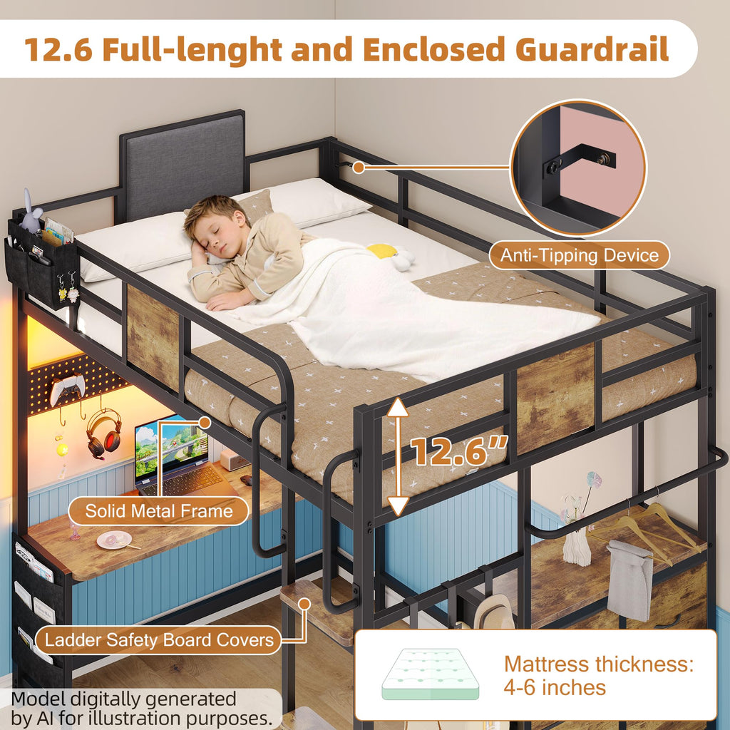 Twin Loft Bed with Desk and 6 Storage Drawers O417576