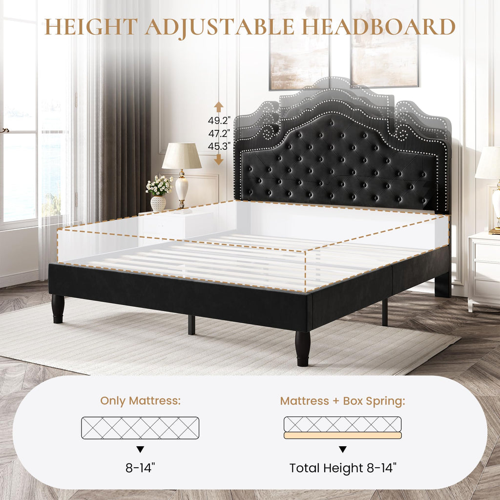 Queen Size Velvet Upholstered Bed Frame with Adjustable Headboard B126