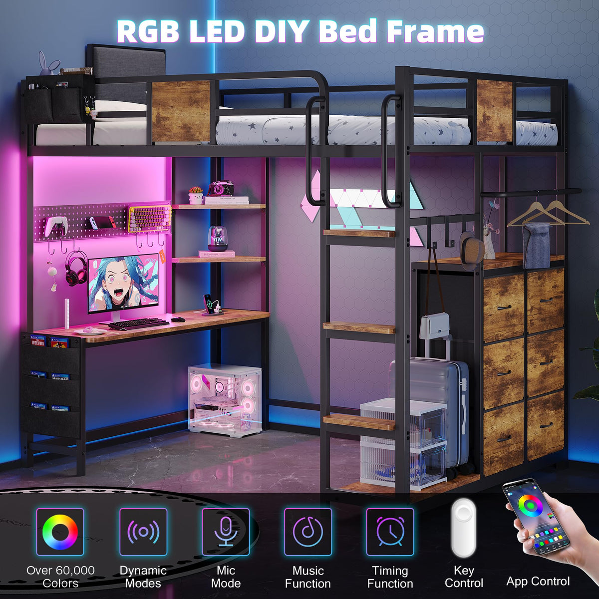 Twin Loft Bed with Desk and 6 Storage Drawers O417576