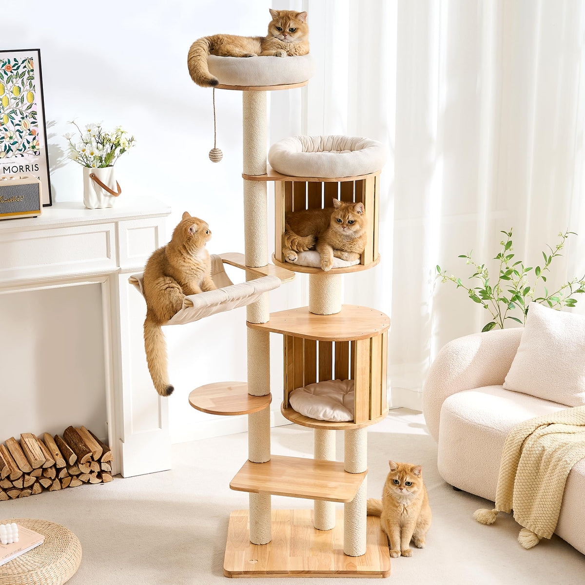 Solid Wood 70 Inches Tall Cat Tree Tower with Scratching Post M43849