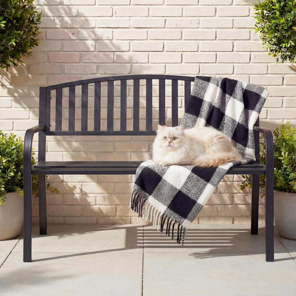 50" Iron Metal Outdoor Bench with Backrest and Armrests X62996