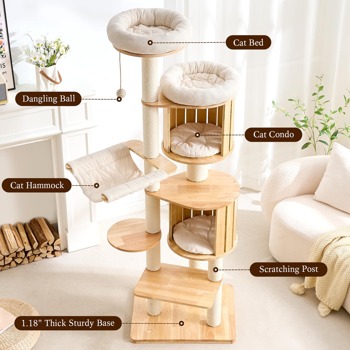 Solid Wood 70 Inches Tall Cat Tree Tower with Scratching Post M43849
