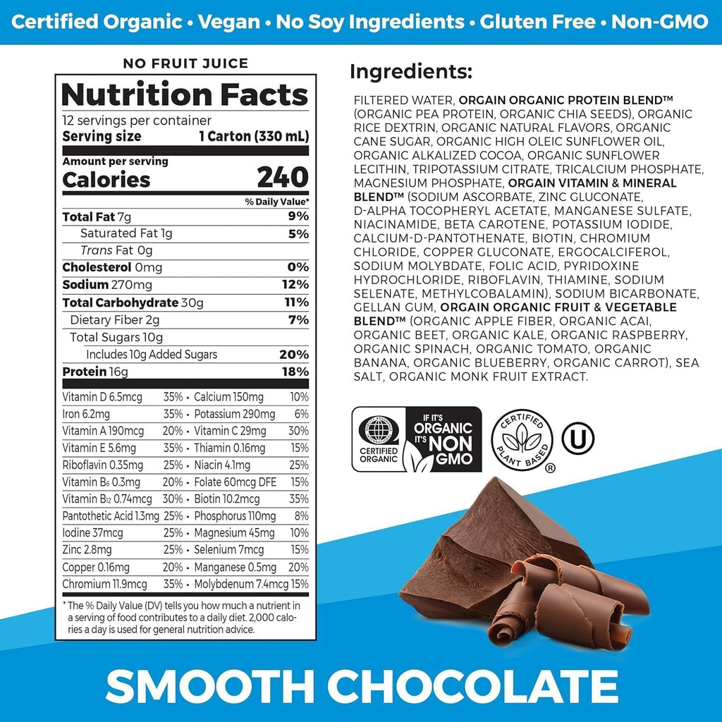 Organic Vegan Protein Shake Smooth Chocolate & Vanilla Bean 16g 11 Fl Oz E72572
