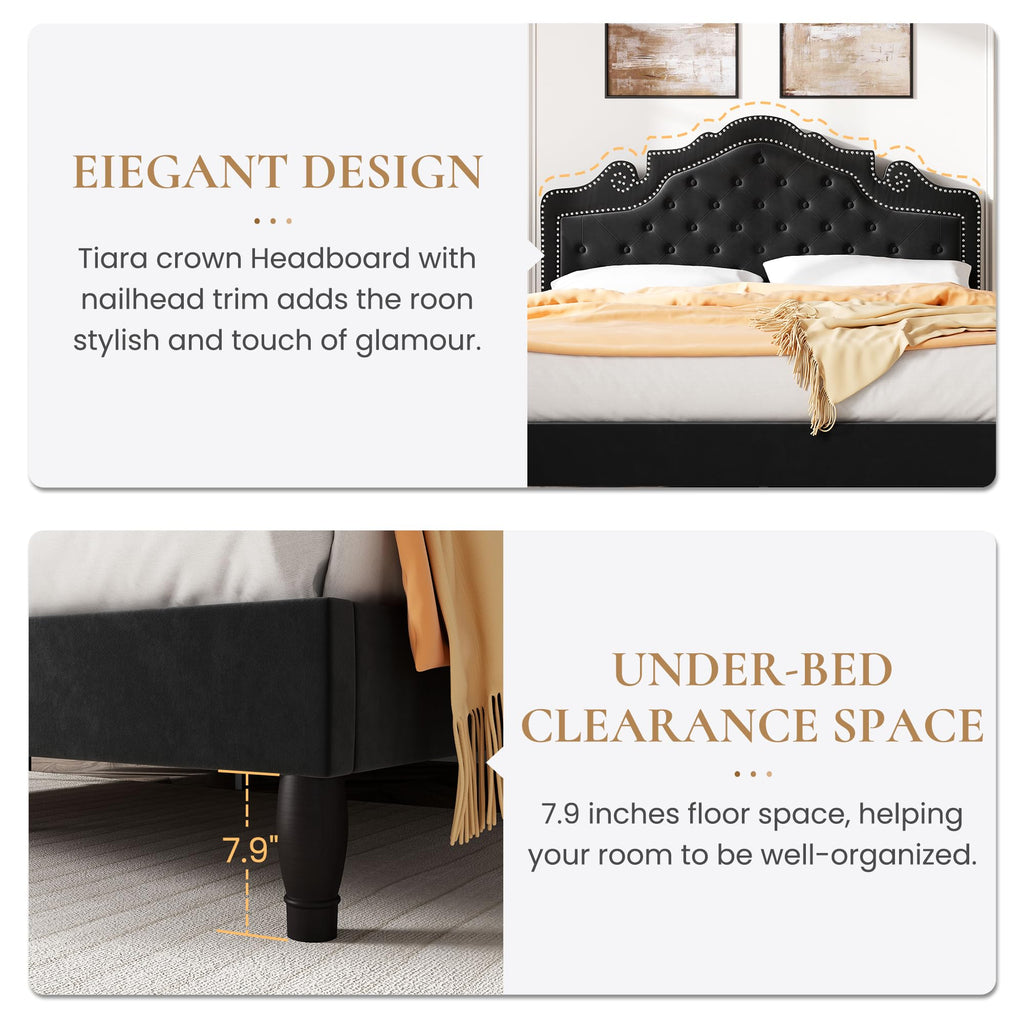 Queen Size Velvet Upholstered Bed Frame with Adjustable Headboard B126